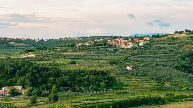 Vuoristomaisema, oliivilehtoja Istriassa. Kaunis näkymä viehättävään kylään.